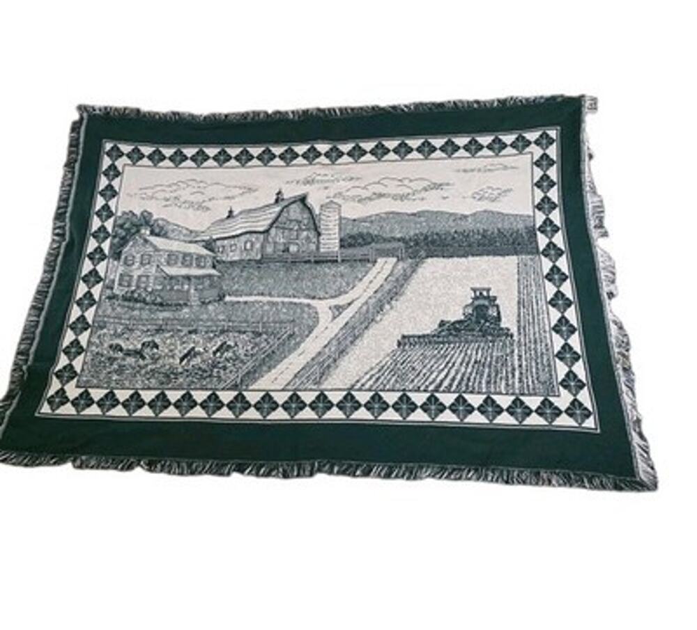 Vintage Pure Country Weavers Woven Cotton Blanket Tapestry Farm Scene Cows Green